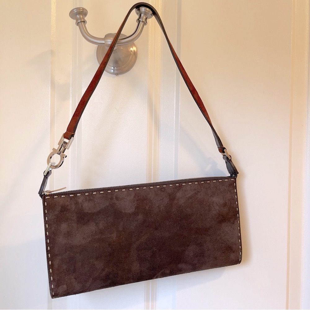 SALVATORE FERRAGAMO Chocolate Suede Shoulder Bag Purse Like New!  AUTHENTIC